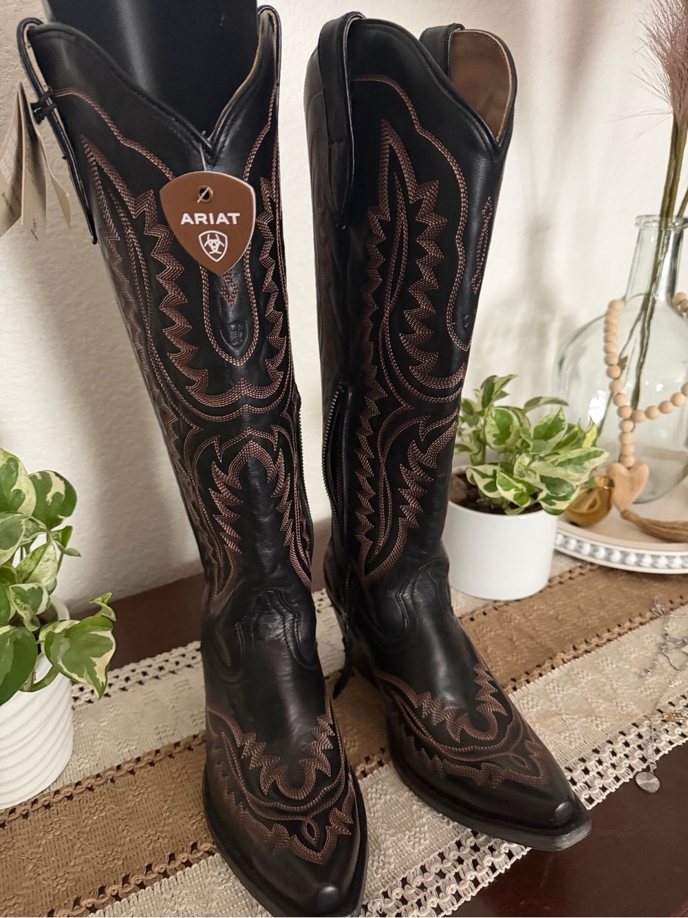 Ariat Black Leather Western Tall Boots with Brown Stitching